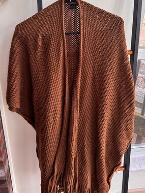 Steve Madden Chocolate Brown Open-Knit Fringe Poncho
